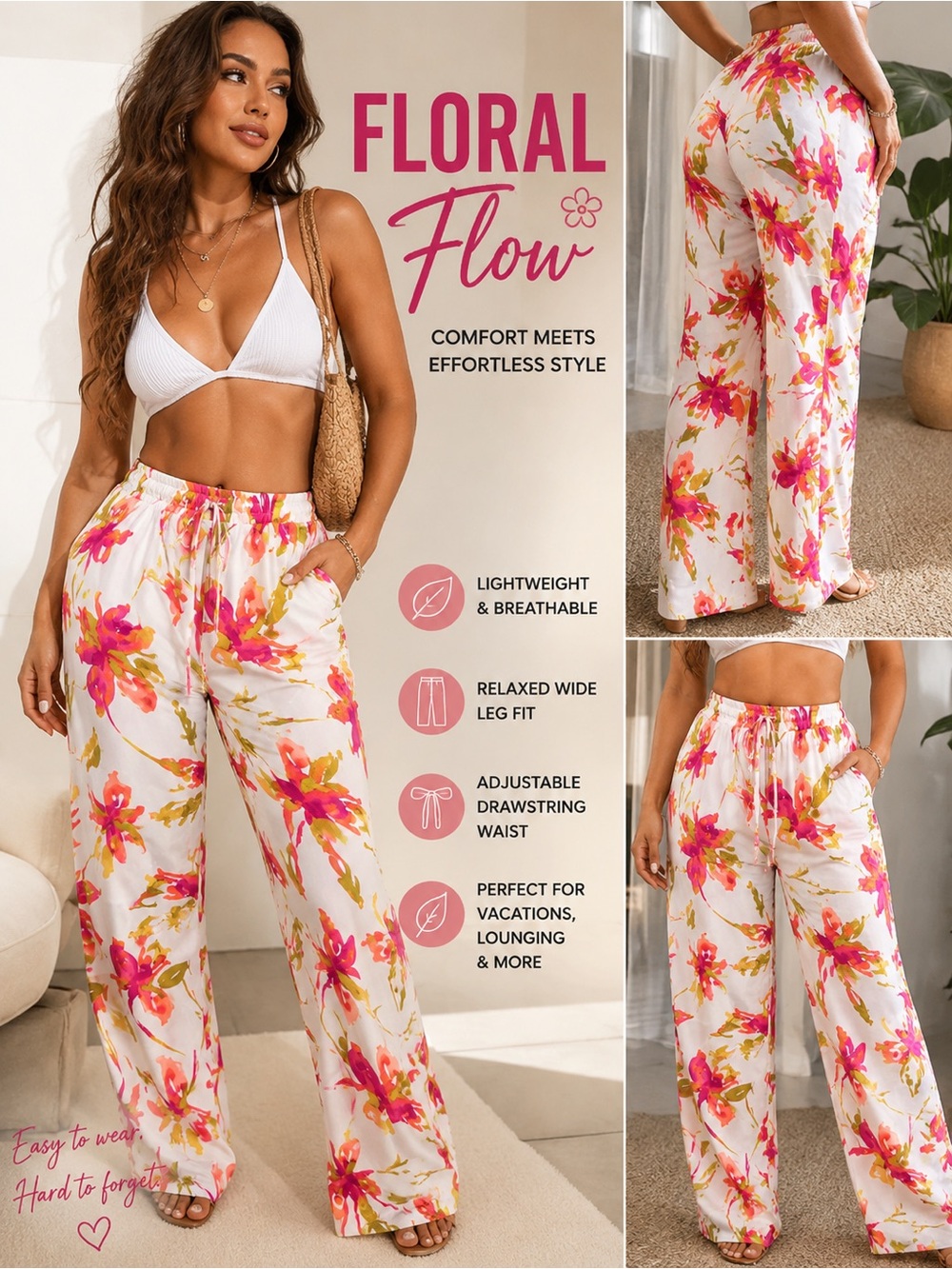 Anne Klein Floral Flow Wide-Leg Pants - White with Pink & Orange Floral sz Small